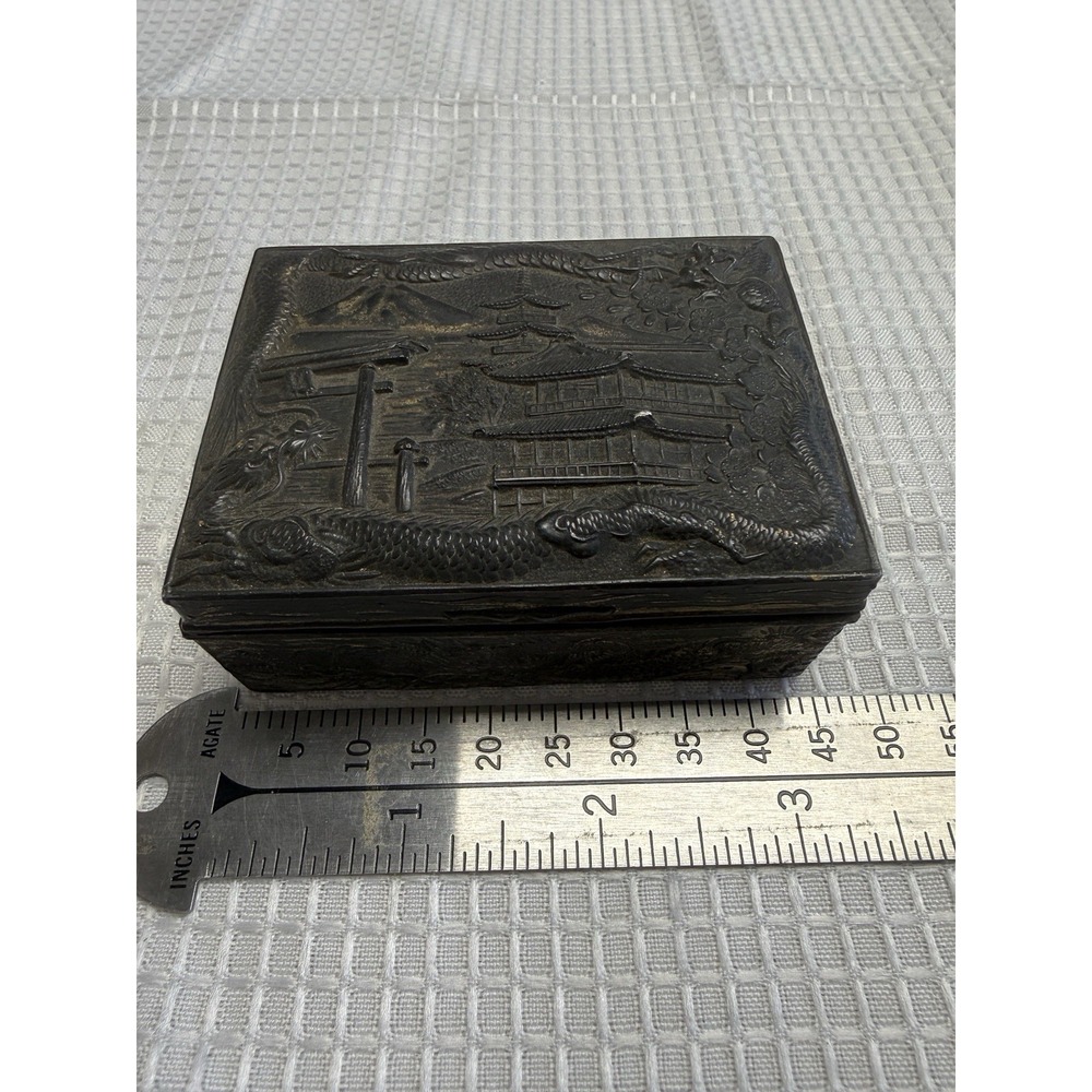 Vintage Japanese Dragon Metal Box Jewelry Trinket Wood Lined Crane Repousse